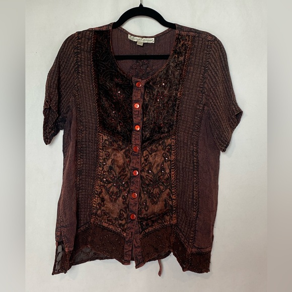 Vintage Daisy Leisure women's S/M burgundy embroidered sequinned button blouse - Picture 2 of 16